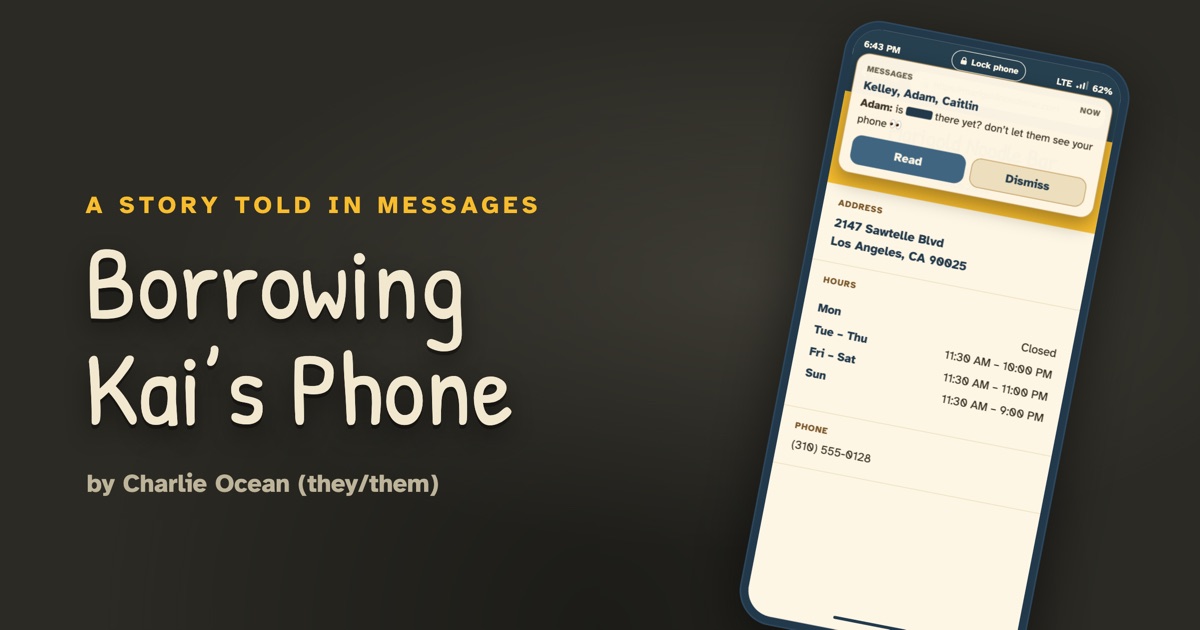 A phone showing a restaurant’s address and hours, with a group text popping up over it