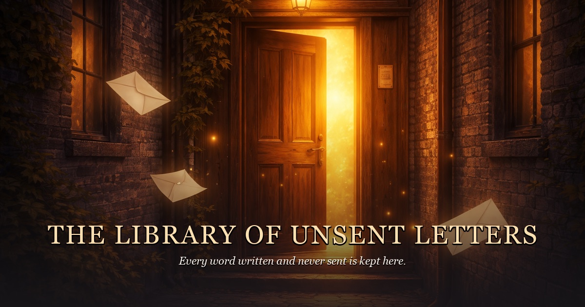 A wooden door standing open onto warm golden light, with envelopes drifting through the air